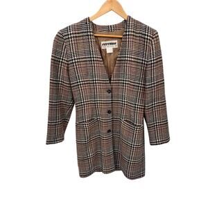 Vintage 80s Erreuno Long Blazer Jacket Womens 42 Brown Plaid Wool Lined Pockets